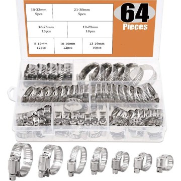 64Pcs Adjustable 8 to 38mm Diameter Clips Worm Gear Hose Clamp Assortment Kit for Various Pipes Automotive Mechanical Use