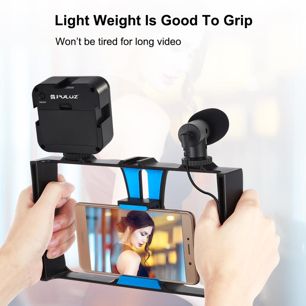 PULUZ Smartphone Video Rig Mini LED Light Microphone Tripod Mount Handheld Stabilizer Grip for Phone Video Rig for iPhone