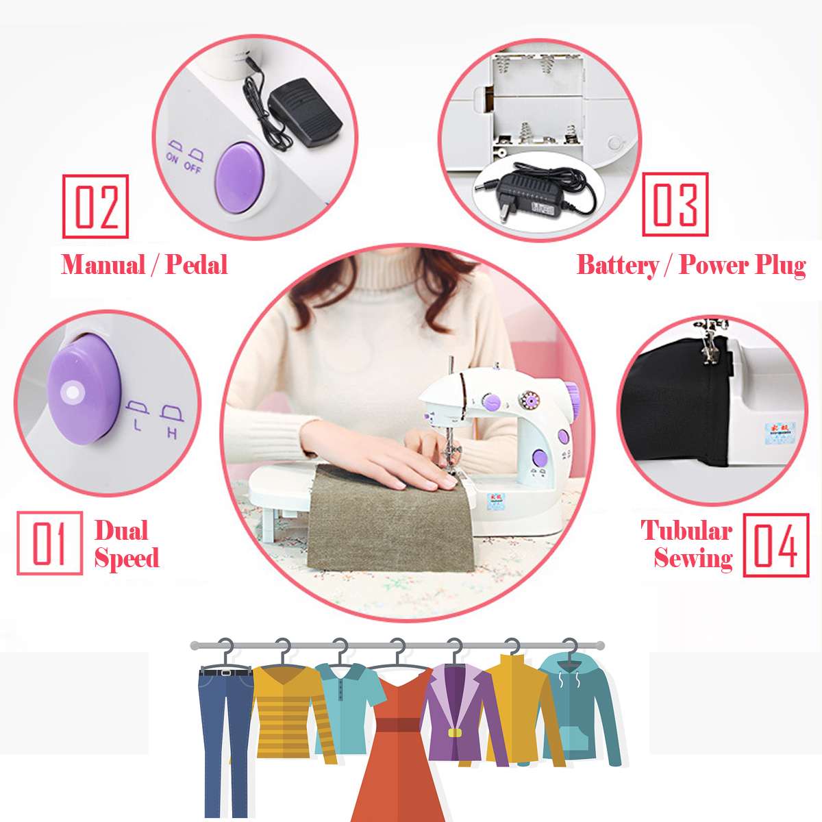 KIWARM Electric Sewing Machine Mini Portable Household Night Light Foot Pedal Straight Line Hand Table Built-In Thread Cutter