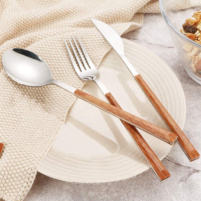 6Pcs Portable Cutlery Set with 2 Cases,Stainless Steel Knife Fork Spoon with Wood Grain Handle,for Travel Office Camping