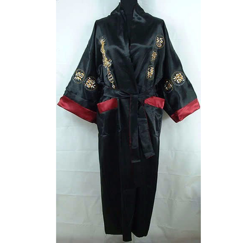 Reversible Black/Burgundy Men's Satin Silk Kimono Gown Chinese Traditional Embroidery Sleepwear Bandage Robe One Size 011011