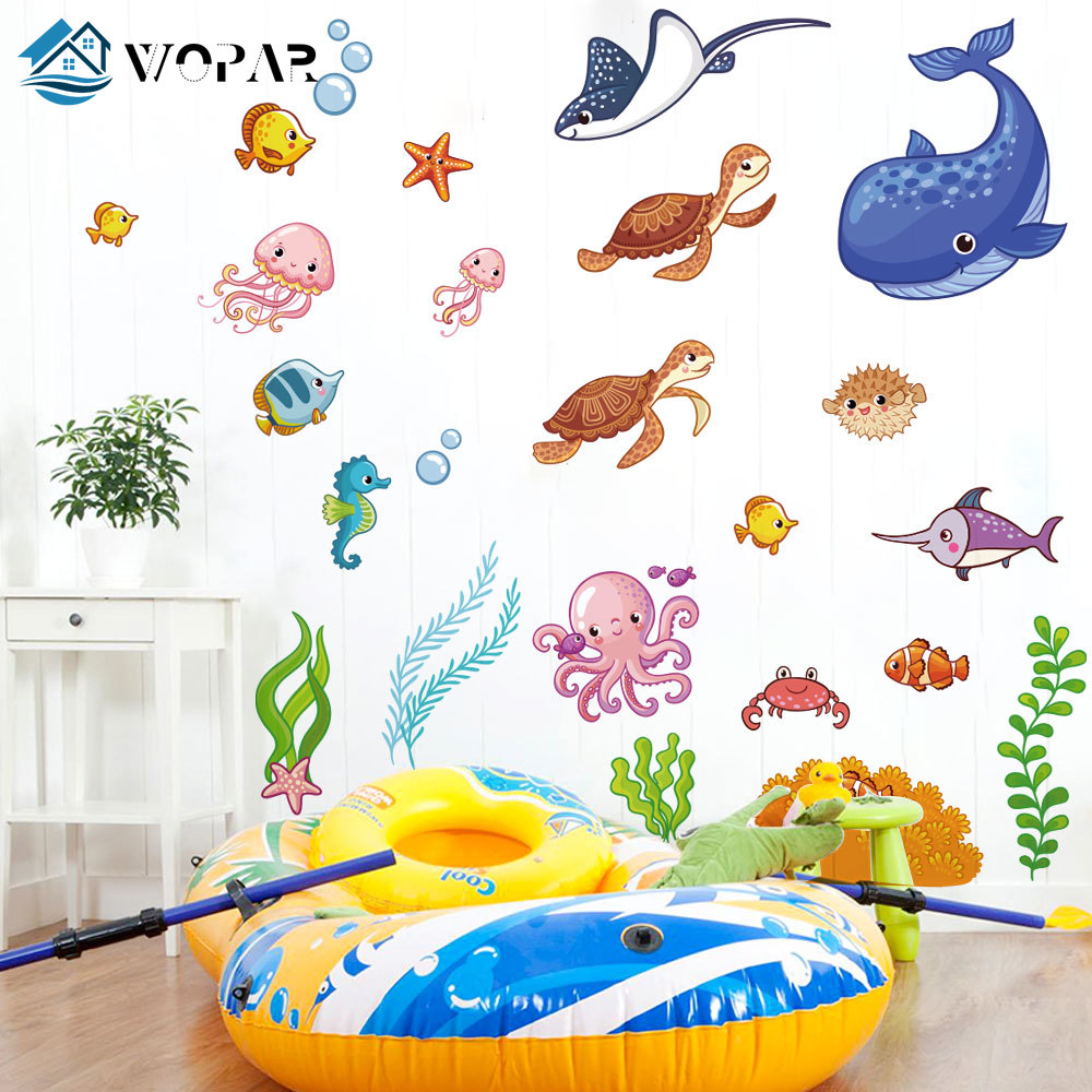 Waterproof Bath Sticker Fish Sea Cartoon Wall Sticker for Shower Children Kids Baby Bath Bathtub Tile Bathroom Sticker Removable