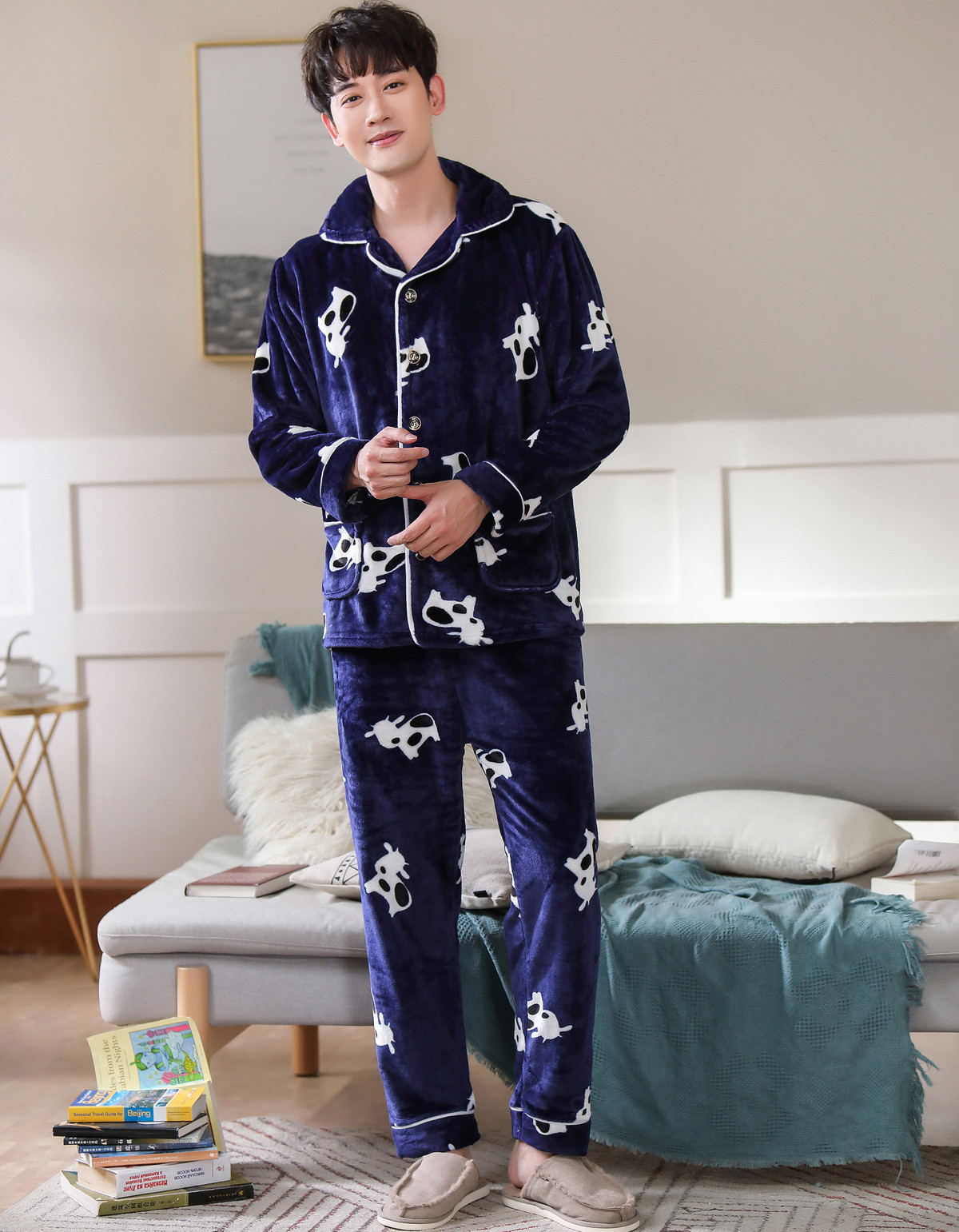 Newest Men's Soft Pajamas Set Autumn Winter Warm Flannel Thicken Male Pajamas Sets Long Sleeve Sleepwear Top +Pant Pyjamas