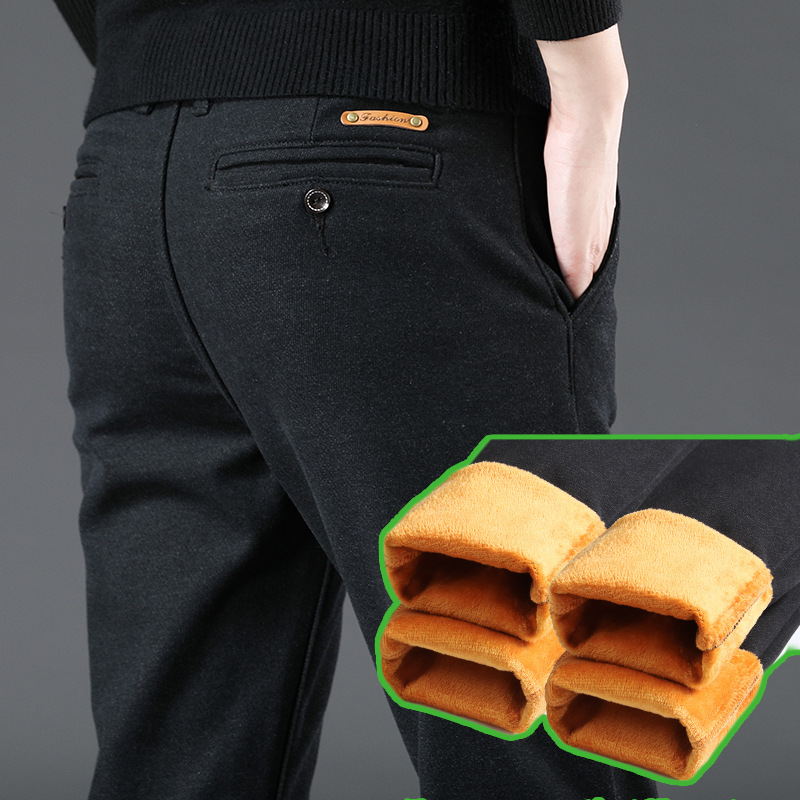 2019 New Autumn Winter Men Fleece Thick Pants Warm Baggy Cotton Trousers For Male Straight Business Casual Stretch Pants