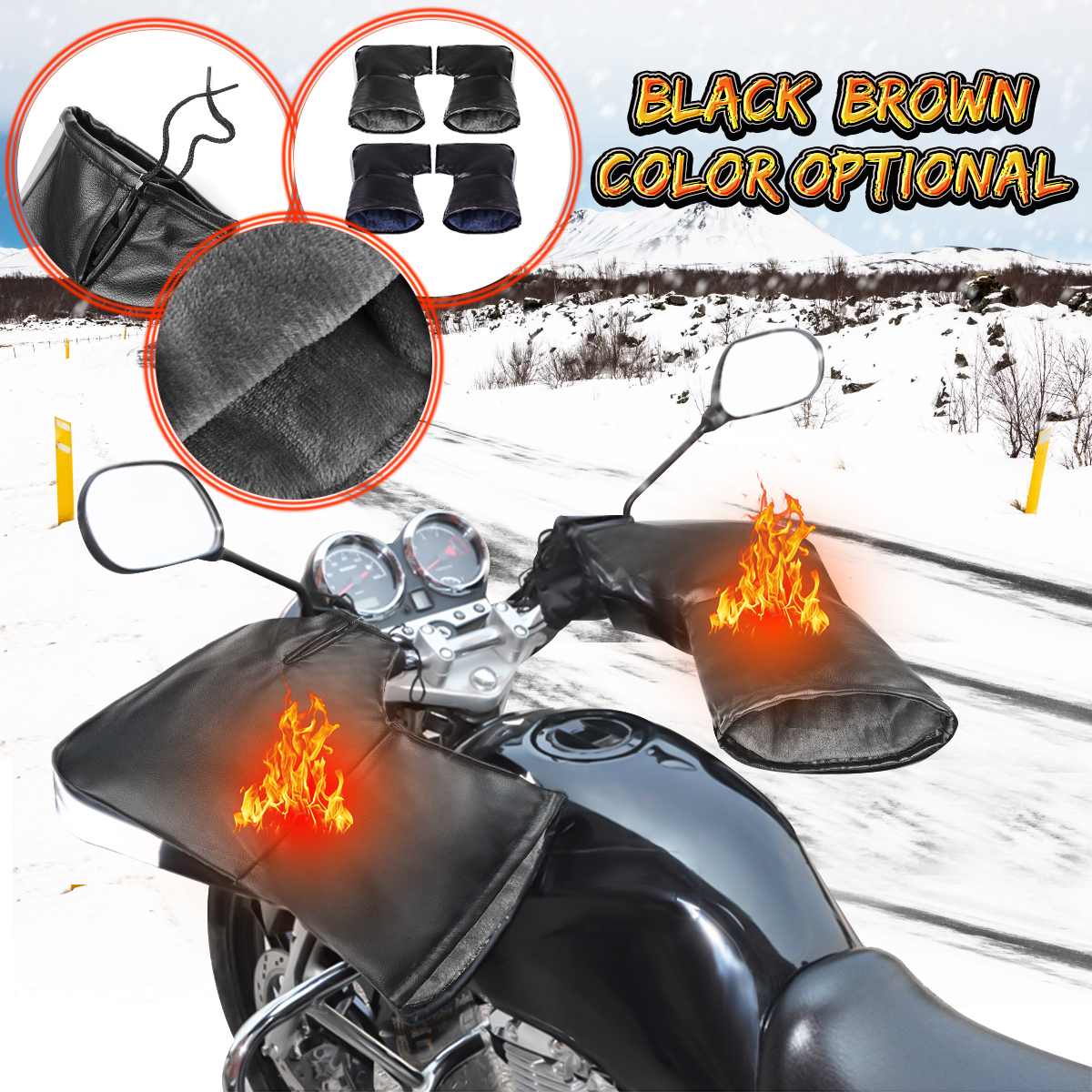 Pair Leather Motorbike Scooter Handlebar Gloves Waterproof Bike Handle Bar Gloves Hand Fur Muffs Glove Mitts Winter Warm