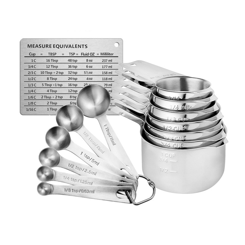 Stainless Steel Measuring Cups and Spoons Set of 14, Stackable Set with Spout, Measurement Conversion Chart, Kichen accessories