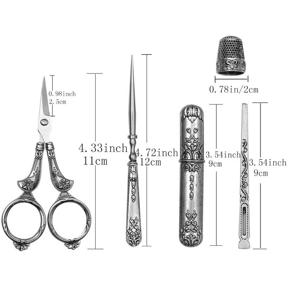 5Pcs/set Exquisite Vintage Scissors Set Scissors+Needle Storage Tube+Awl+Needle Thread+Thimble Retro Sewing Scissors