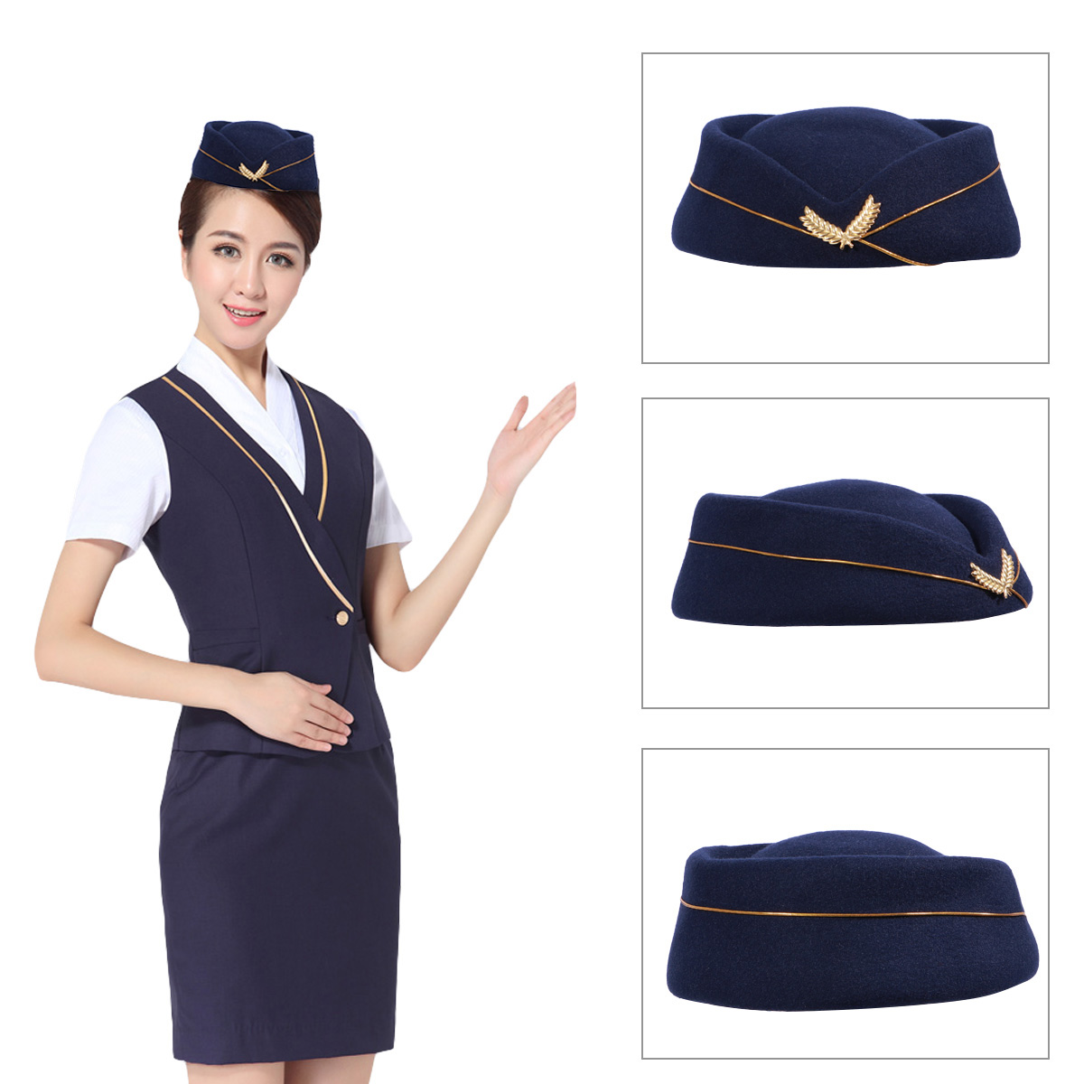 Women Air Stewardess Hat Woolen Flight Attendant Hat Stewardess Cap For Costume Cosplay Musical Performance Lady Party Cap Hat