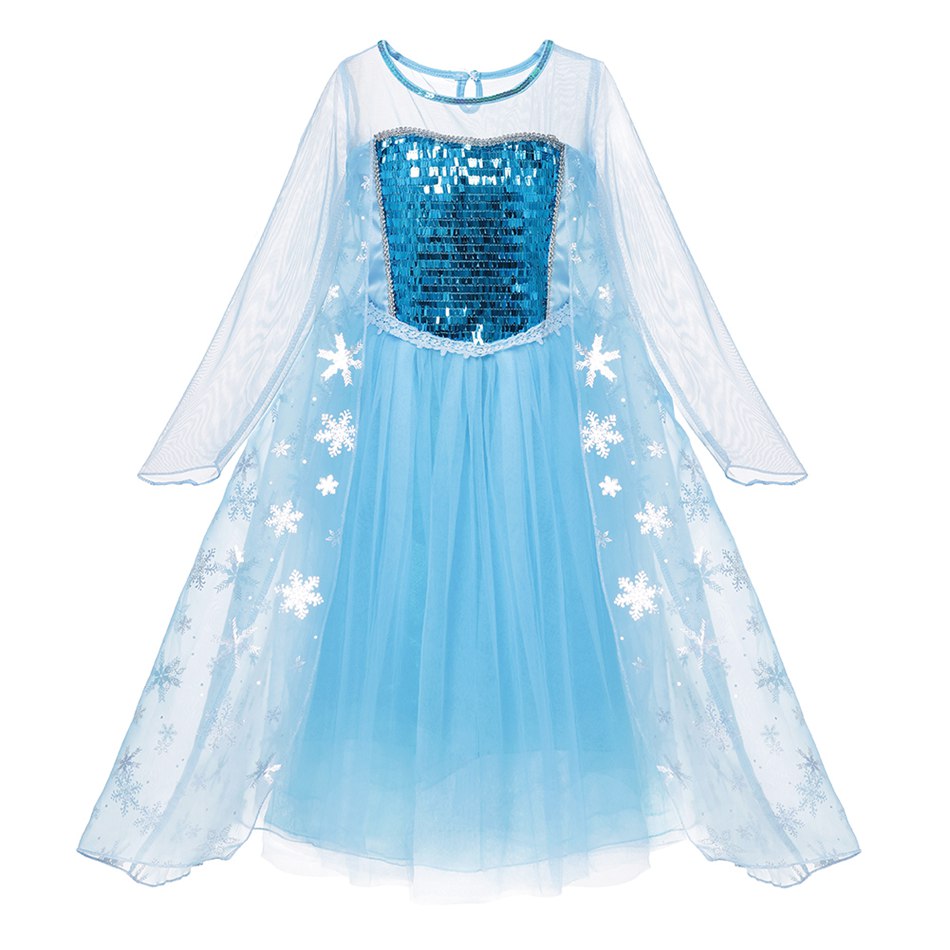 Elsa Maxi Dress for Kid with Snowflake Cloak Long Sleeve Sequined Elza Princess Party Wear Fancy Girl Birthday Carnival Clothing