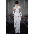 Butterfly Pattern Slit Cheongsam White Elastic Long Dress Gloves Women Dancer Singer Bar Outfit Birthday Prom Dress