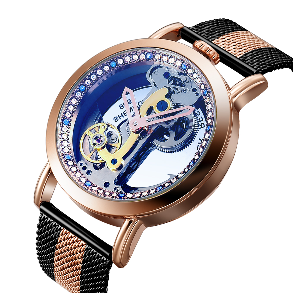 Rose Gold Skeleton Sapphire Crystal Women Round Automatic Mechanical Watch Luxury Brand Steel Women Woman Diamond Watch 2020