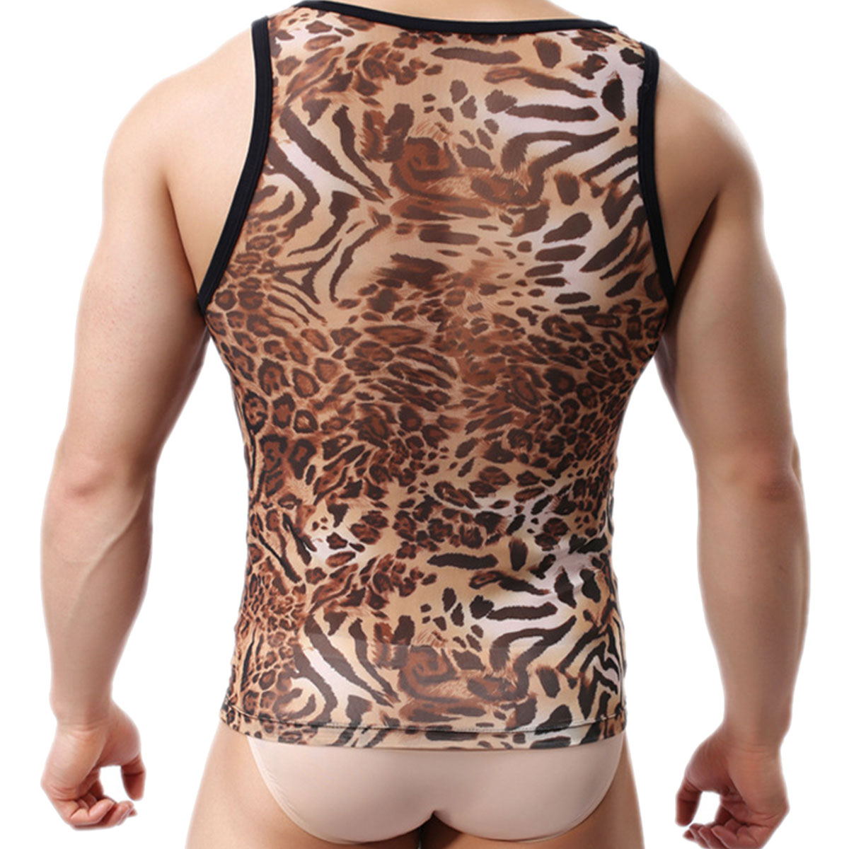 Leopard Print Mens Undershirt See Through Sheer Mesh Sleeveless T Shirts Muscle Tank Top T-shirt Sexy Gay Men Underwear Clothing