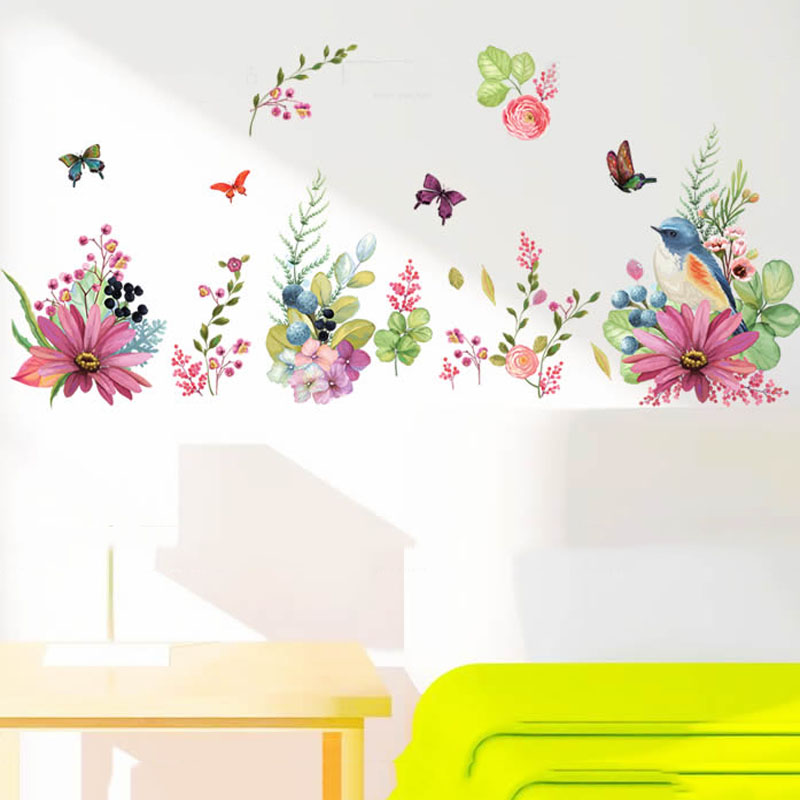 Removable Colorful Flowers Bird Wall Stickers Romantic Bedroom Decoration Living Room Door Sticker Decorative Home Accessories