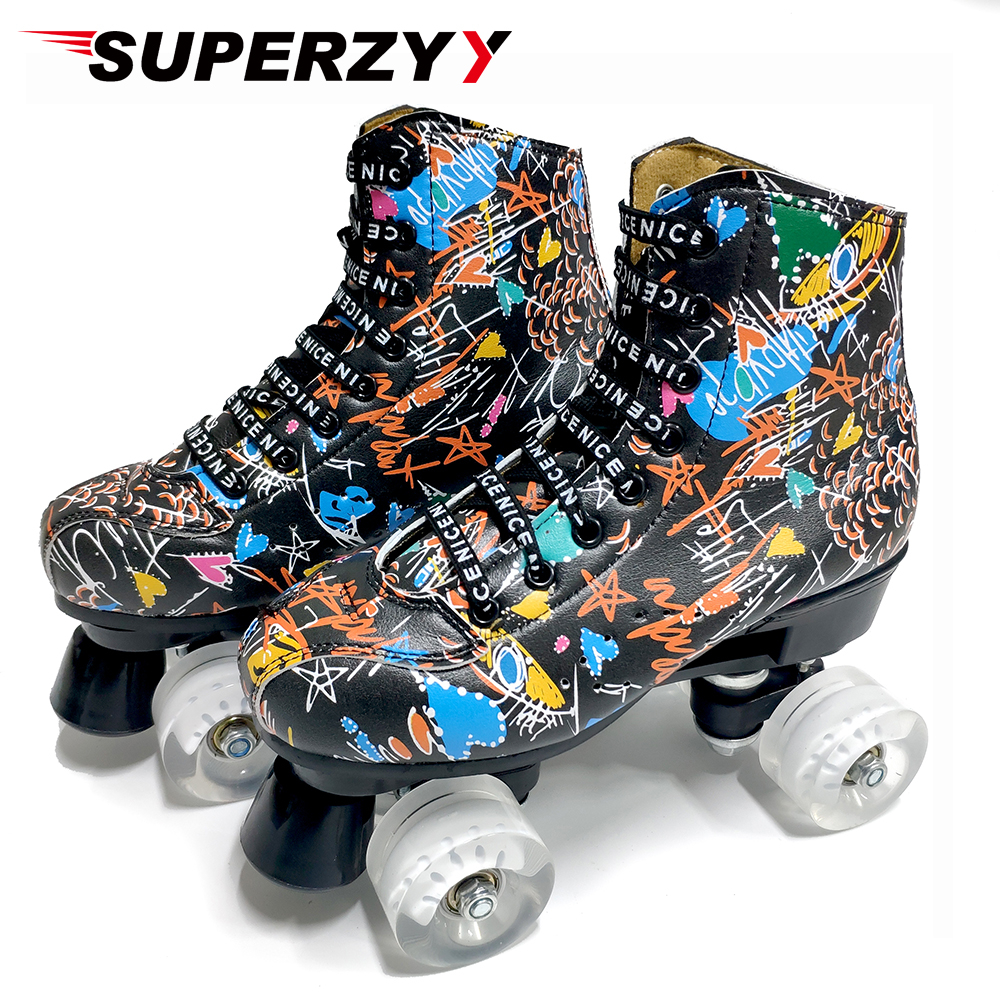 Graffiti Microfiber Roller Skates Double Line Skates Women Men Adult Two Line Skating Shoes with White PU 4 Wheels Training