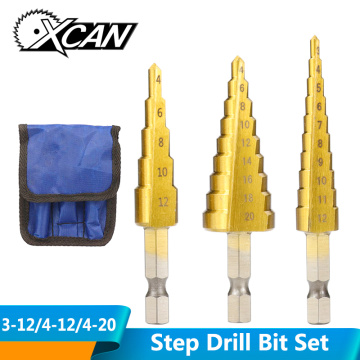 XCAN 3pcs 3-12mm 4-12mm 4-20mm HSS Straight Groove Step Drill Bit Set Titanium Coated Wood Metal Hole Cutter Core Drill Bit Set