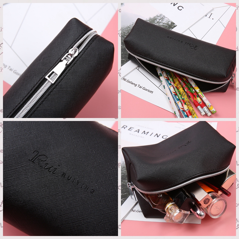 Leather Pencil Case Simple Black High Capacity Business Pencilcase For Kids School Office Gift Supplies Creative Stationery