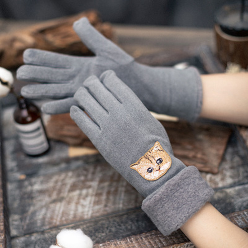 Female Cute Cartoon Cat Embroidery Plus Velvet Thick Warm Driving mittens Women Winter Cashmere Knit Touch Screen Gloves H74