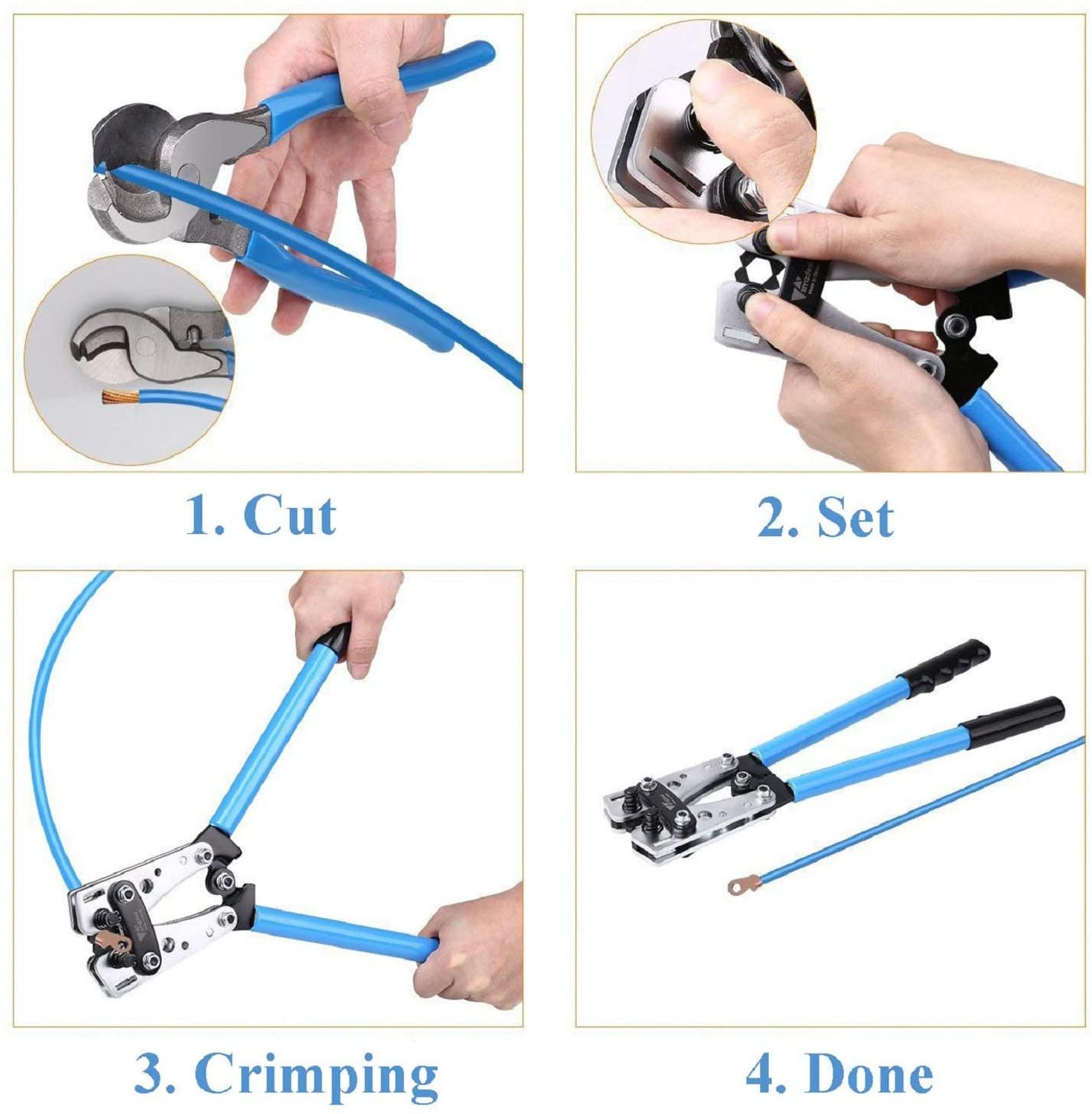 Wire Crimper Battery Cable Crimping Tool for 0, 2, 4, 6, 8, 10 AWG Cable Lug Crimper with Cable Cutter