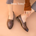 BeauToday Genuine Leather Loafers Women Penny Shoes Waxing Pointed Toe Slip On Casual Flats for Ladies Handmade 27112
