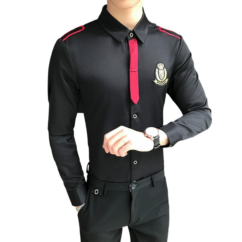 Men's Long-sleeved Shirt Bar Nightclub Hair Stylist Bow Tie Work Shirt Male Shirt Slim Fit Black White Clothing Mens Dress Shirt