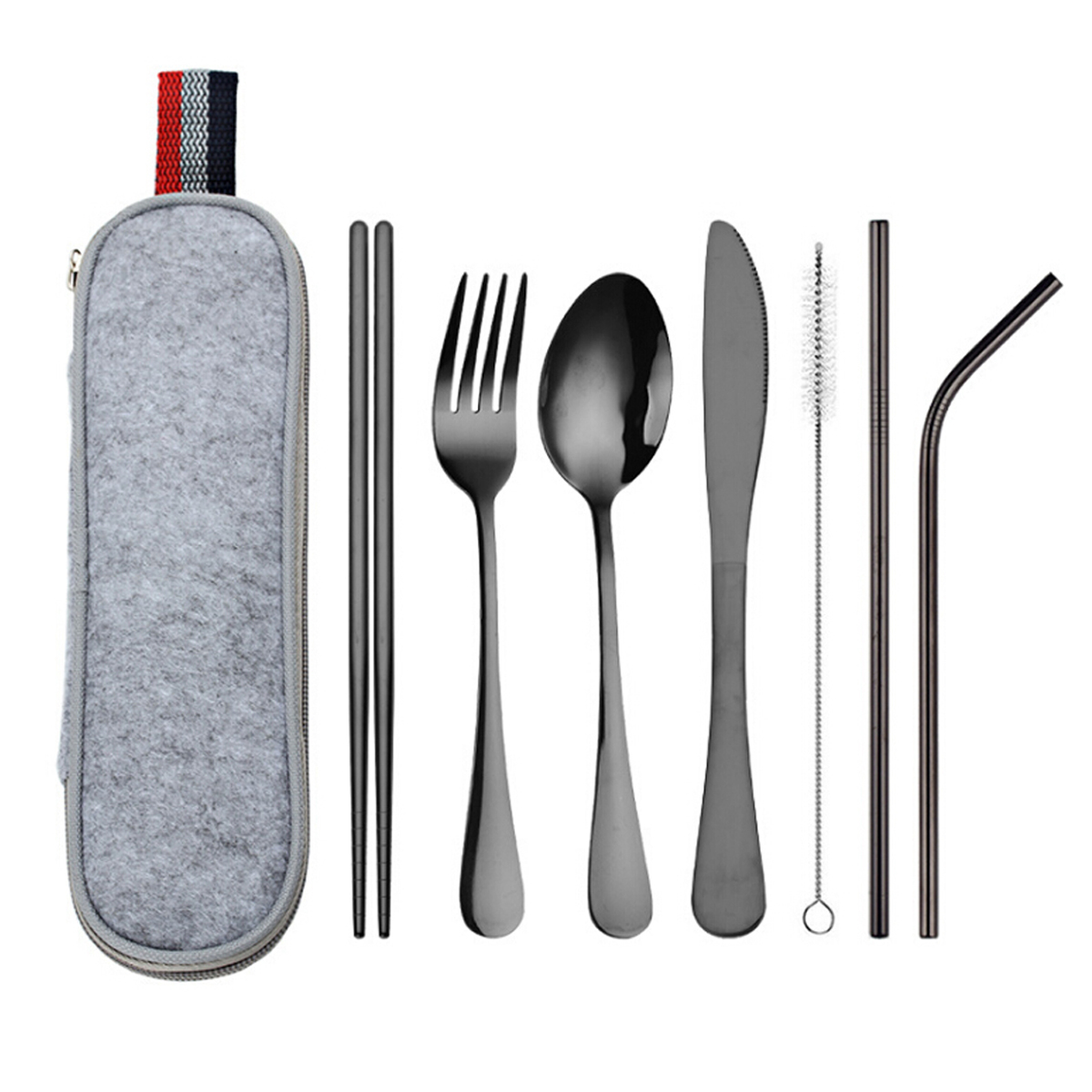 8PCS Stainless Steel Dinnerware Set Reusable Knife Fork Spoon Chopstick Cutlery Set Travel Outdoor Picnic Portable Tableware Bag