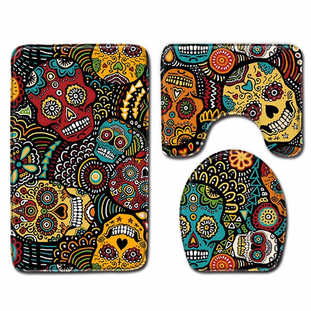 Nordic 3D Skull Rose Toilet Bath Mat Carpet Rug Sets Bathroom Shower Room Carpets Flannel Anti Slip 3 Pieces Bath Mat Sets