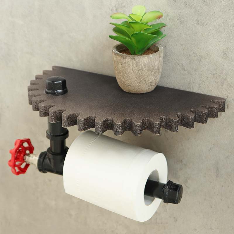 Retro Industrial Pipe Bracket Organizer Storage Rack Holder Toilet Paper Holder Roller Wood Gear Wall Shelf Home Decoration