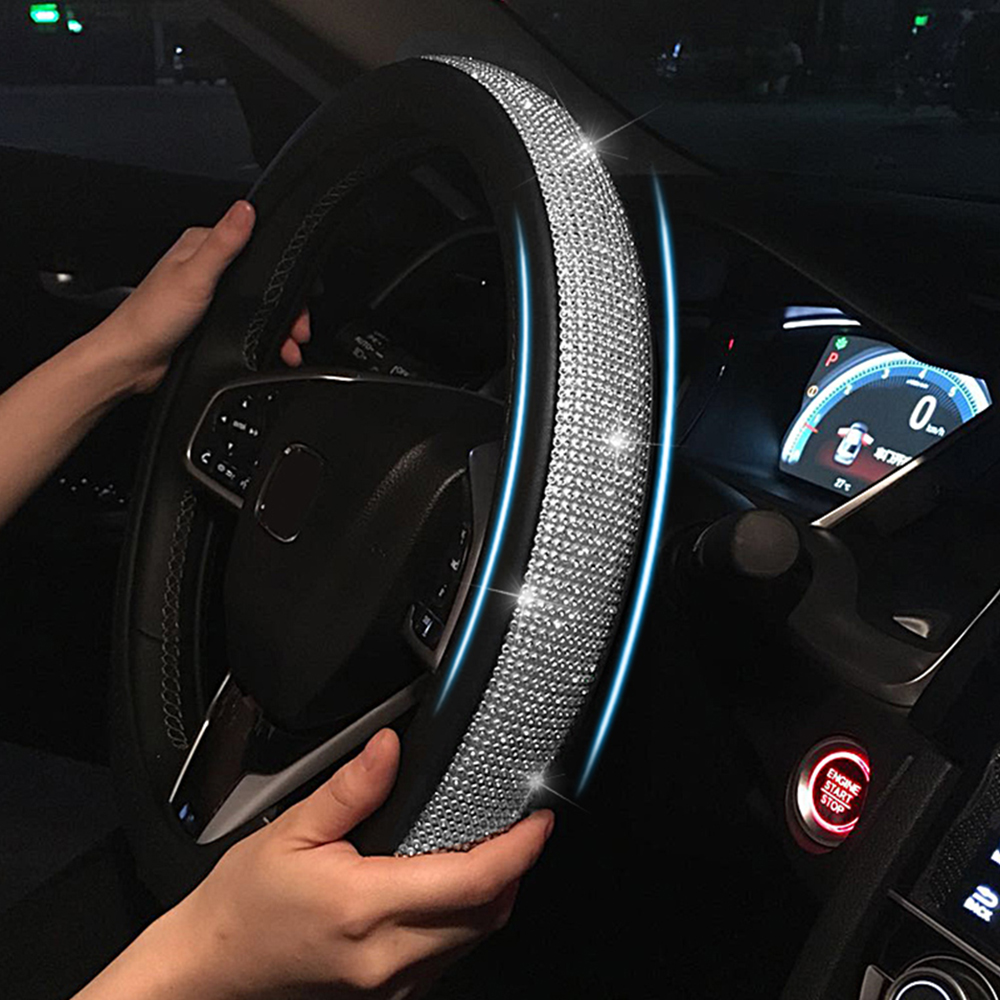 Car Steering Wheel Cover Crystal Sparkled Diamond Cover Leather Skidproof Auto SUV Truck Car Wheel Cover Holster Car Accessories