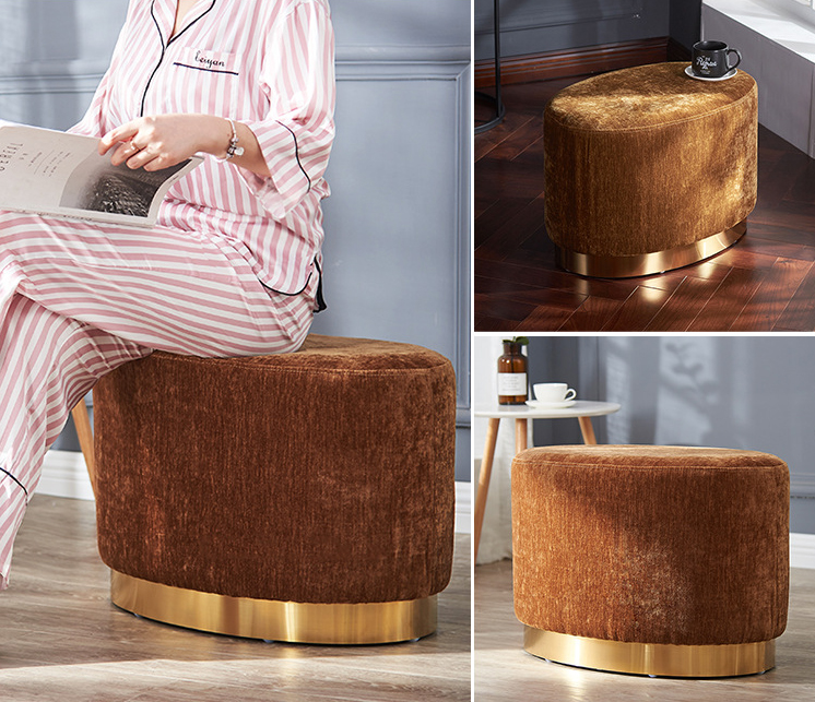 Nordic Vintage Luxury Golden Iron Metal Home Stool Ottoman Dressing Chair Footstool Soft Velvet Fabric Kid Bed Living Room Sofa