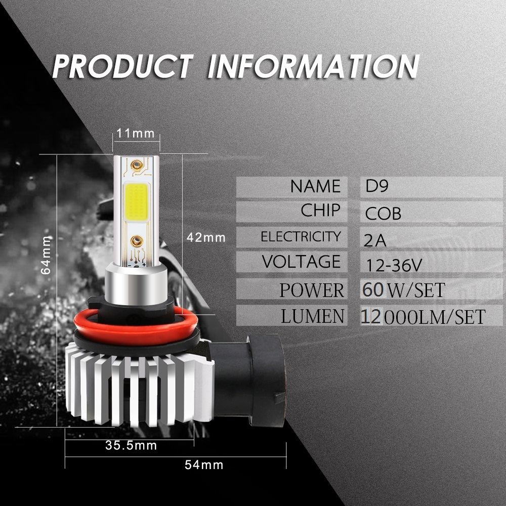 2pcs 60W 12000LM Car LED Headlight Bulbs H11 9006 HB4 9005 HB3 H4 H7 H8 H9 H1 Mini Headlight Kit for High/Beam Bulb Fog Light