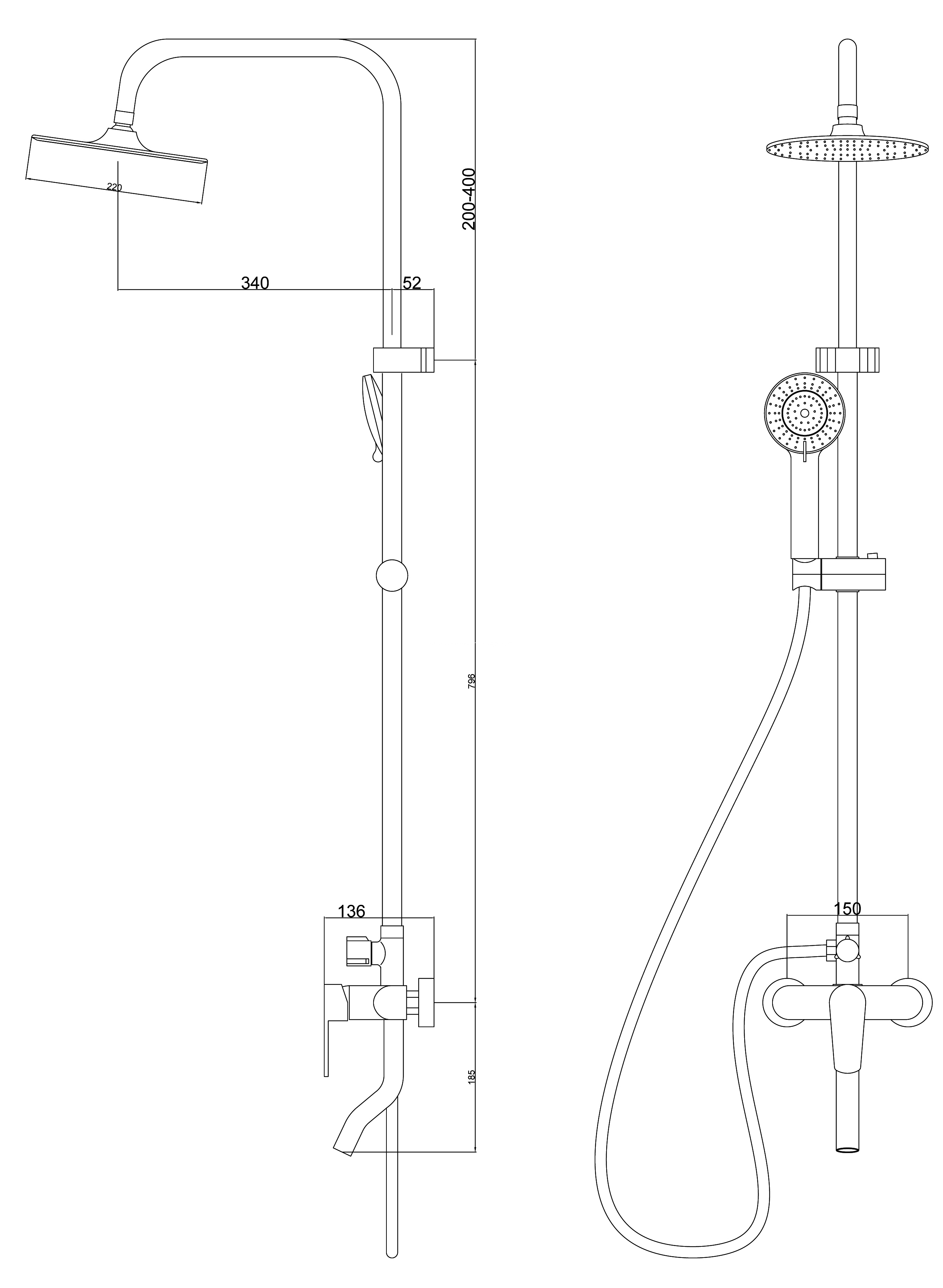 Dimension drawing of Sliding Bar Brass Shower Mixer For Bathroom
