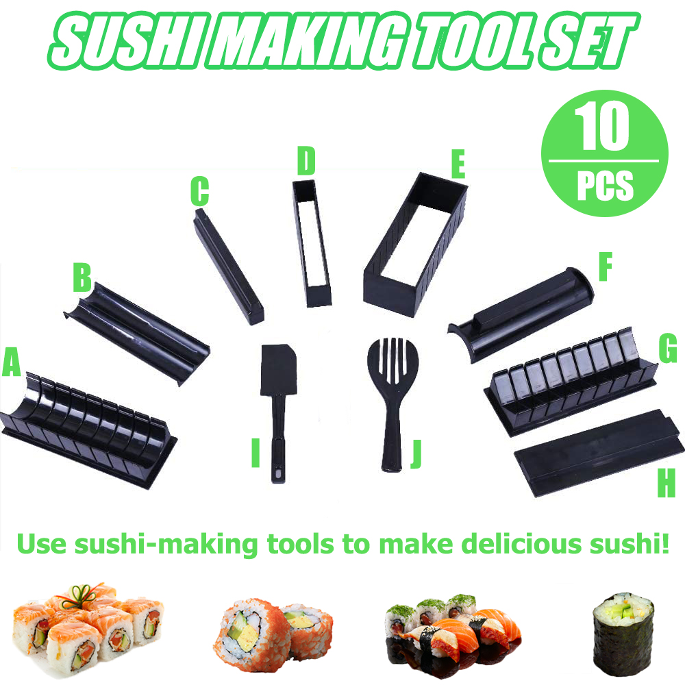 10pcs/set Sushi Maker Multifunctional Rice Roll Mold Making Sushi Tool with Gloves Japanese Rice Ball Cake Roll Mold Rice Mould
