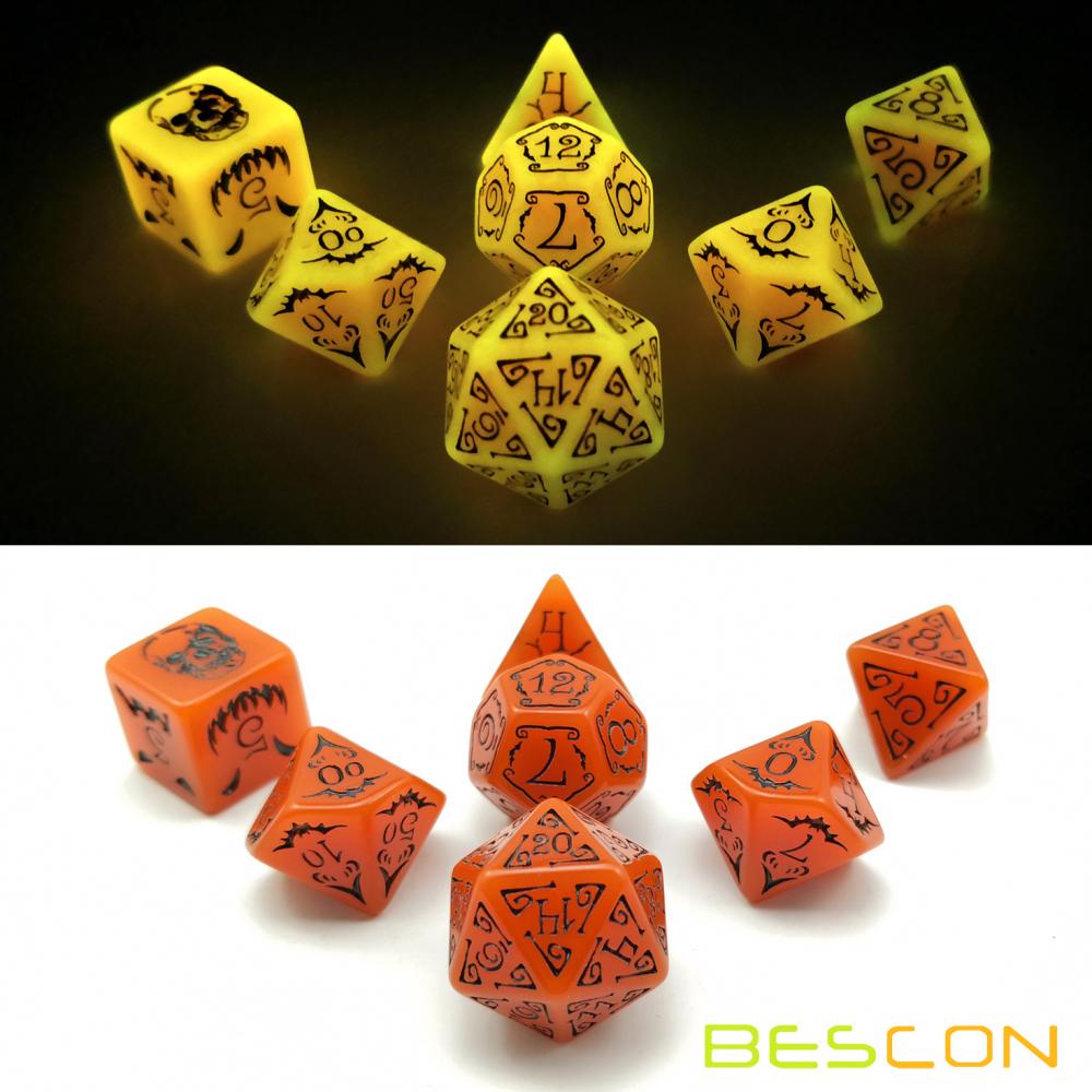 Bescon Glowing Halloween Polyhedral Dice 7pcs Set, Luminous Halloween RPG Dice Set, Glow in Dark Halloween DND Game Dice