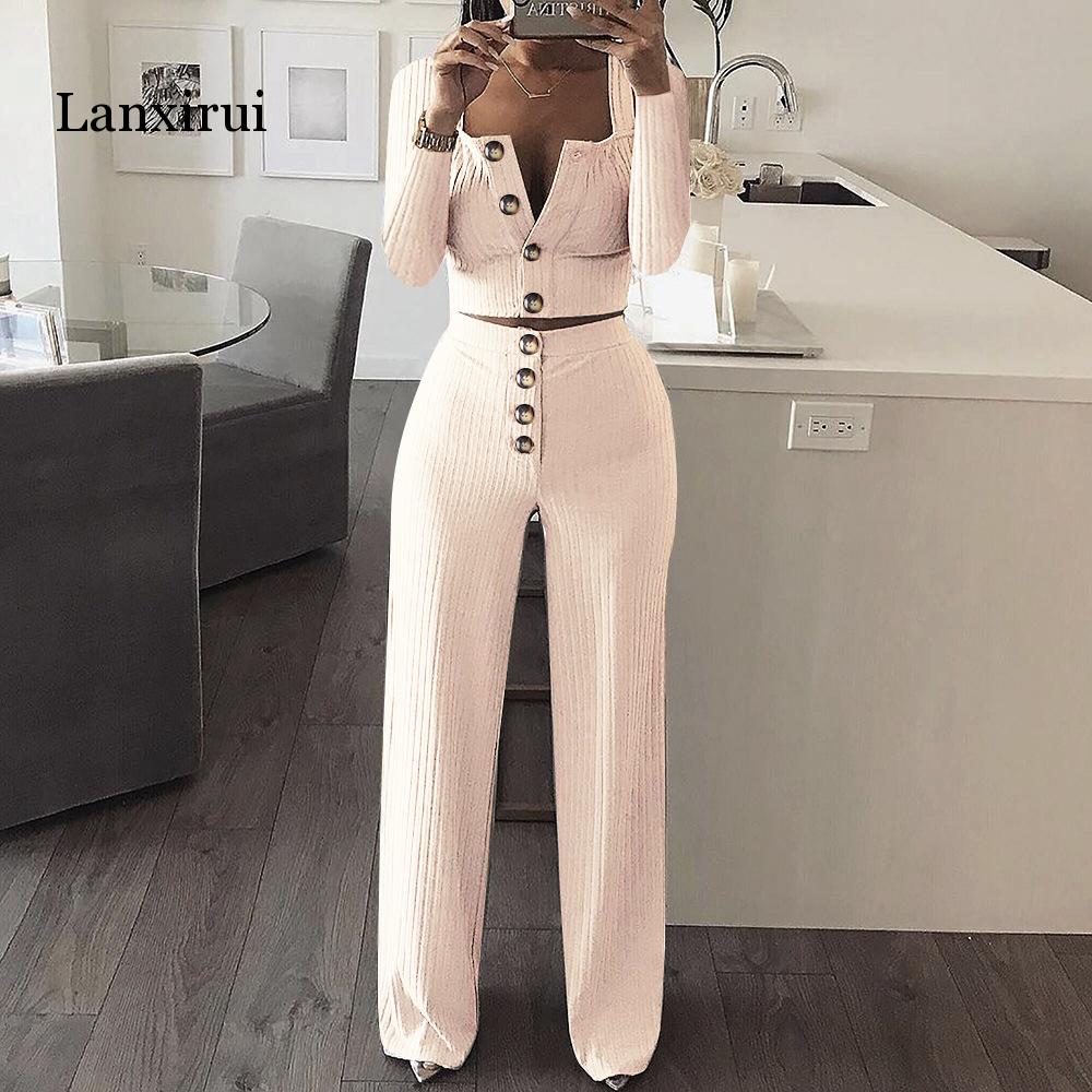 Autumn Women Knitted Rib Sexy 2 Piece Set Women Winter Casual Gray Matching Sets Outfit 2 Piece Set Elegant Straight Pants