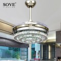SOVE Modern LED Invisible Crystal Ceiling Fans With Lights Bedroom Folding Ceiling Light Fan Remote Control Ventilador de teto