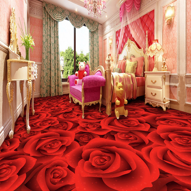 Custom 3D Floor Wallpaper Red Rose Flower LivingRoom Bedroom Bathroom Floor Sticker PVC Self-adhesive Mural Wallpaper Waterproof