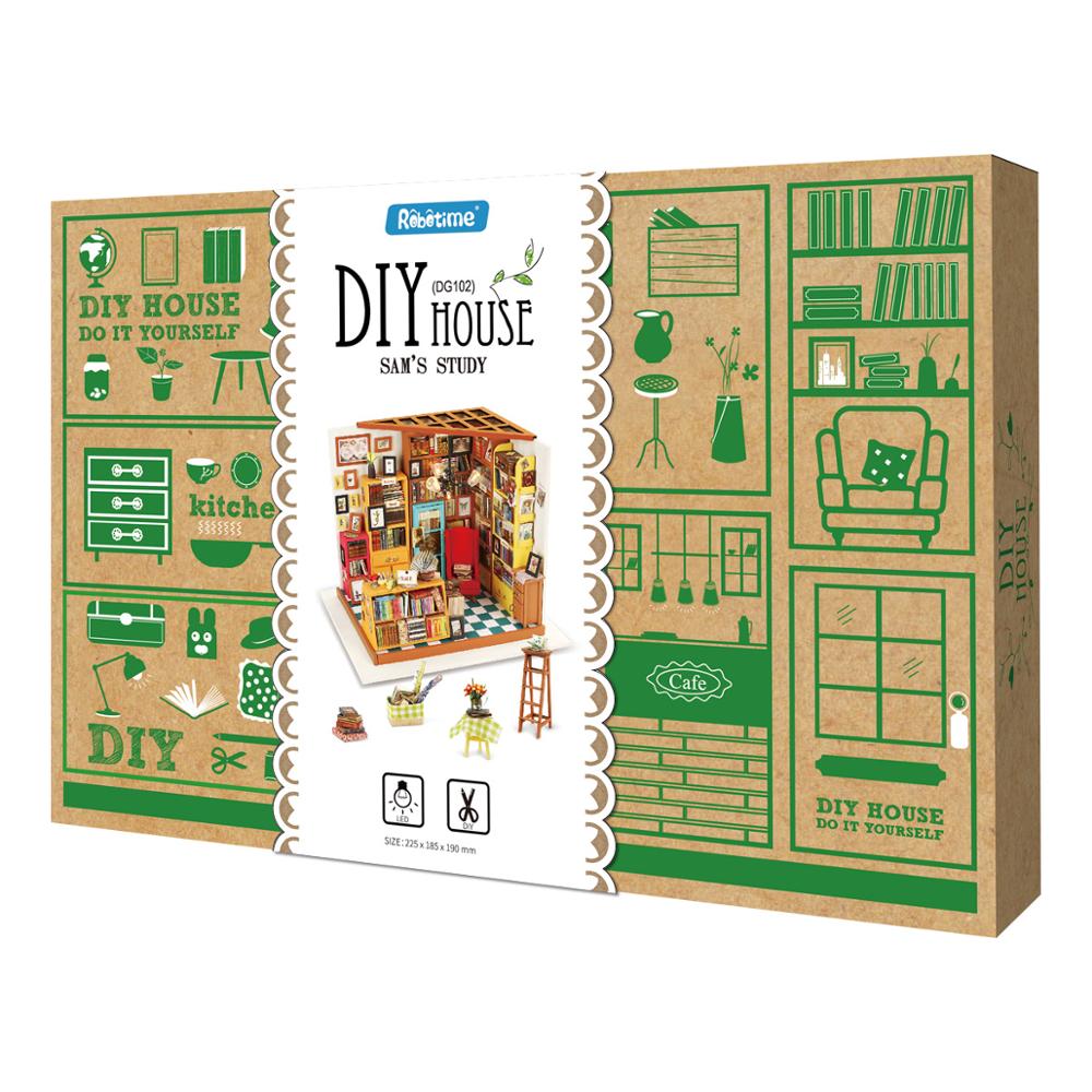 Robotime DIY Wooden House Miniature Doll House Kits Mini Dollhouse with Furniture Toys for Children Gift - Sam Study DG102