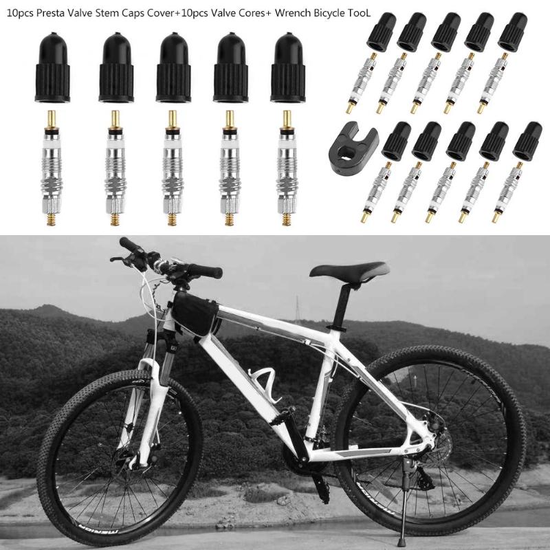 10pcs Presta Valve Core+ 10pcs Valve Stem Caps w/ Wrench Bicycle Tool Kit Bicycle Valve Core Bicycle Bike Removal Tool