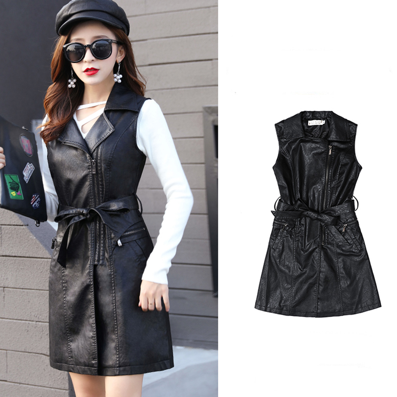 Aelegantmis High Quality Plus Size 4XL PU Leather Women's Vest Long Trench Coat Female Sleeveless Waistcoat Faux Leather Blazer