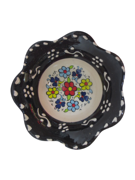 Hand Made Tile Patterned Daisy Shaped Kaolin Clay Quartz Limestone Bowl 8cm Black Colored Old Turkish Pattern Healty Gift