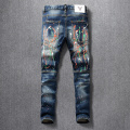 American Streetwear Fashion Men Jeans Retro Blue Washed Slim Fit Paint Designer Hip Hop Pants Spliced Elastic Biker Jeans Homme