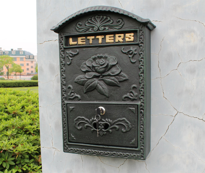 Antique Mailbox Wall Cast Aluminum Flower Decorative Mail Box Dark Green Metal Lockable Antique Home Postal Post Letter Box