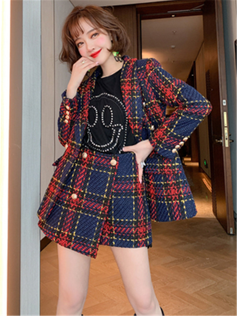 Vintage Tweed Double-breasted Suit Jacket + High-waisted A-line skirt for women Winter New