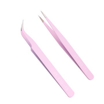 2020 Hot Sale New 2PCS Stainless Steel Pink Straight + Bend Tweezer For Eyelash Extensions Nail Art Nippers