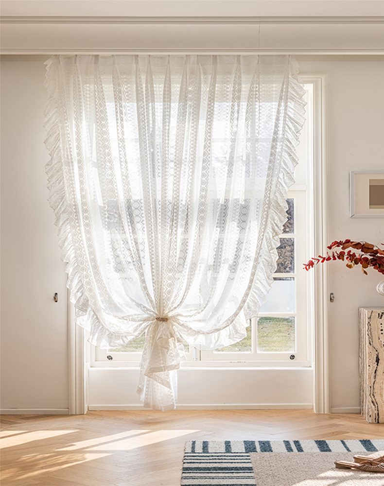 White Embroidery Beaded Sheer Curtain