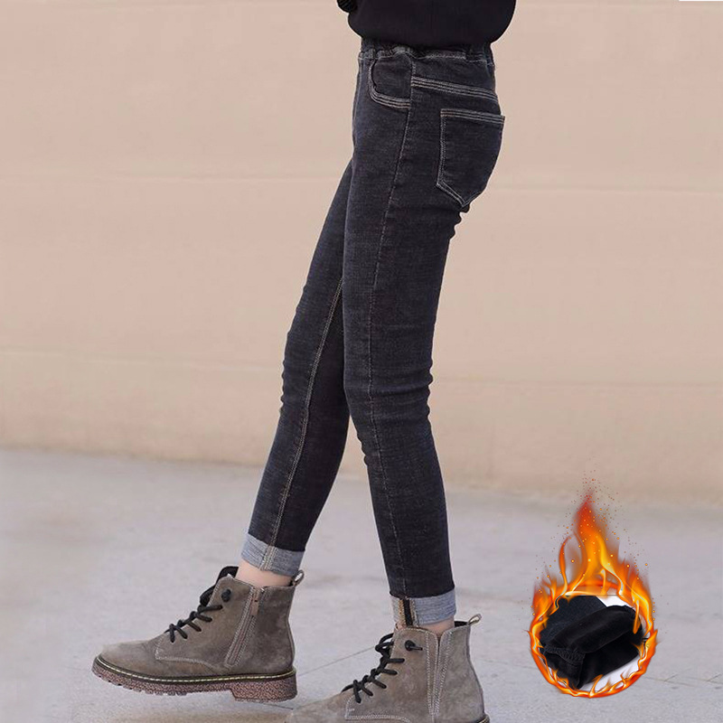 Children Winter Black Color Jeans Teenage Girl Elastic Plush Skinny Cowboy Pants Kids Thicken Plus Velvet Casual Denim Trousers