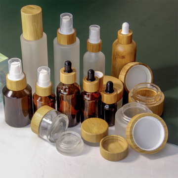 Frosted glass emulsion spray bottle Perfume bottles Skincare cream jar Mask Cosmetic packaging containers with wooden bamboo cap