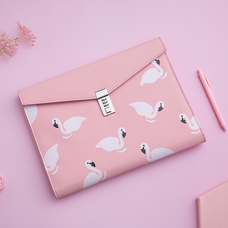 A4 File Folder with Lock Cute Flamingo Document Organizer Bag Kawaii Fichario Cabinet Case for Office School Padfolio Holder Box