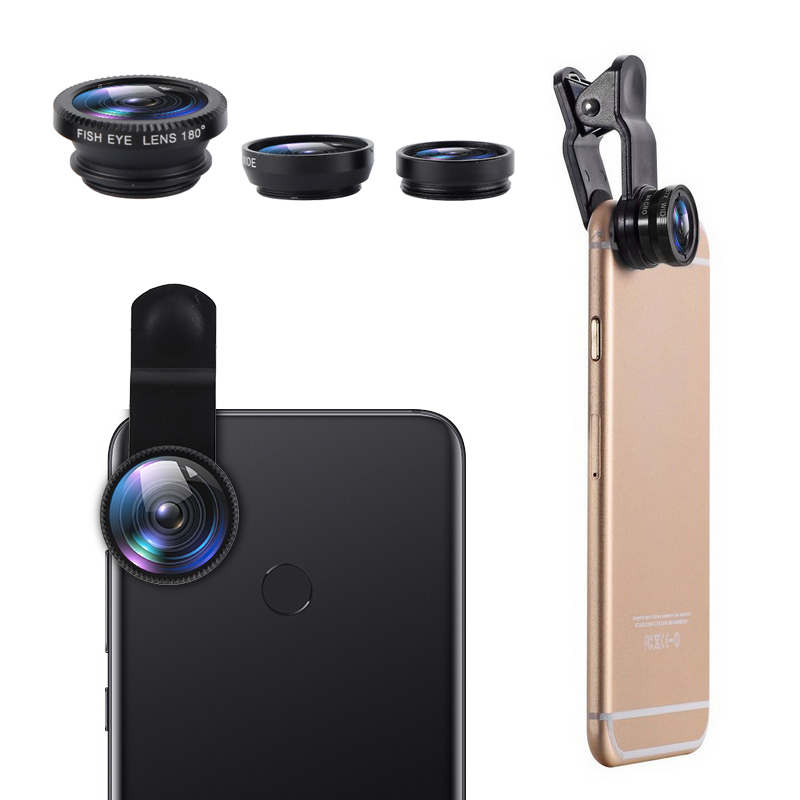 3-in-1 Fish Eye Lenses With Clip 0.67x For IPhone Samsung All Cell Phones Wide Angle Macro Fisheye Lens Camera Kits Mobile Phone