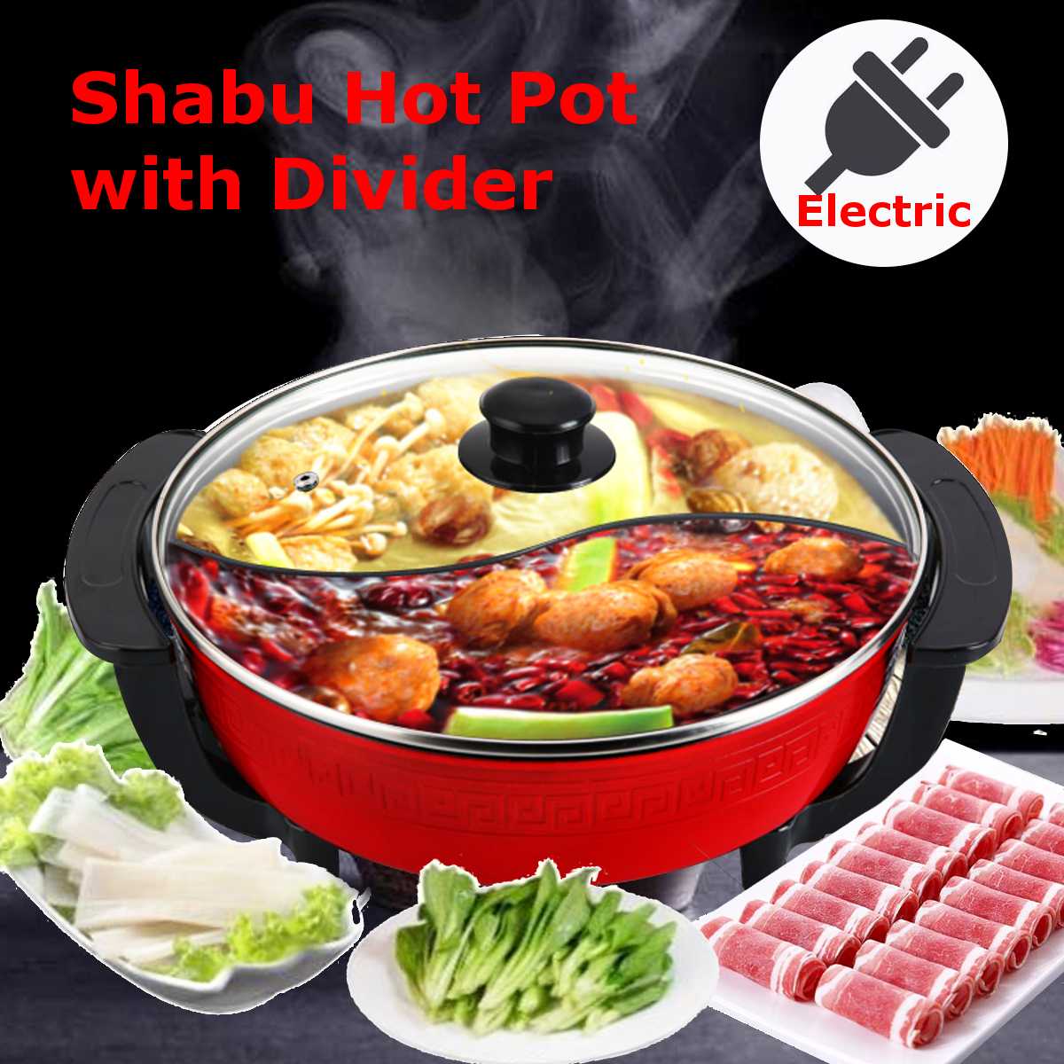 1300W Electric Hot Pot Soup Pots Stainless Steel Non Stick Smokeless Home Kitchen CookwareTwin Divided Shabu pot